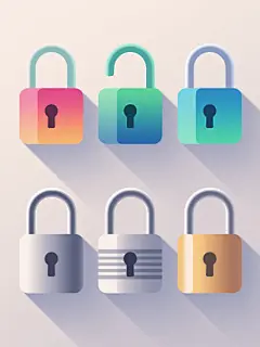 6个不同配色、不同样式、不同材质的锁造型，采用简约扁平风格设计，每个锁具拥有鲜明的色彩渐变和清晰的轮廓线条，浅色背景，上下两行各三个锁具整齐对齐排列，整体构图平衡对称，视觉层次分明，符合现代图标设计的简洁美感和信息传达效率。