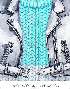 水彩的插图。温暖的穿。手绘皮夹克、针织毛衣是冬季的时尚概念。风格的女孩
