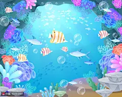 缤纷热带小鱼珊瑚海水气泡梦幻水族插画季节插画素材下载-优图网-UPPSD