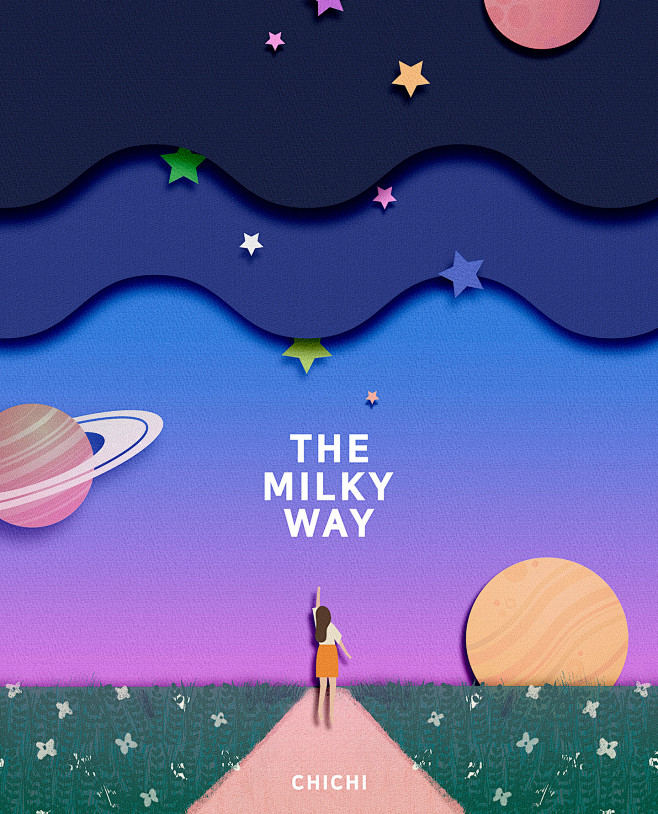 多彩星空 追梦少女 剪纸风格 休闲生活 ...
