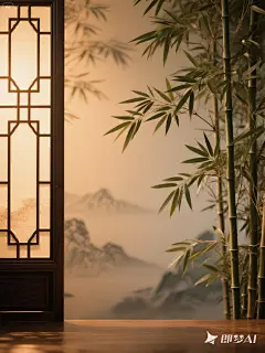 jimeng-2025-06-06-601-中间有台子，左侧是窗格，右侧是竹叶,国风摄影背景,左侧有暖光照射,国风风格,聚焦中间特写,宁静典雅,暖色,高清