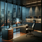 A modern, sleek office environment with a high-end, minimalist desk setup. The room should have a large window with a cityscape view, reflecting a late evening ambiance with lights from the buildings visible. The desk is made of dark, polished wood, compl