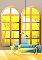 金黄树木 欧式风格 窗户吊灯 沙发看书男士 秋季插画-风光建筑-插画图形素材-酷图网