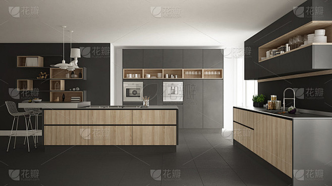 现代白色厨房与木制和灰色的细节，简约的室...