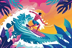 扁平风冲浪高清夏天插画