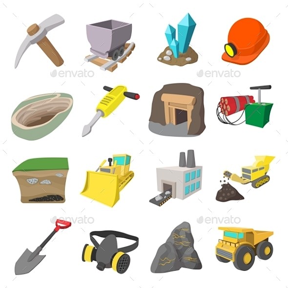 矿业图标动画设置-杂项图标Mining Icons Cartoon Set - Miscellaneous Icons卡通、煤炭、收集、设计师 ...
