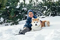 点击来源直接获取大图文件 |小孩子和妈妈在冬天的公园里和有趣的秋田犬一起玩耍。圣诞快乐的家庭，母亲和儿子在冬天带着狗在雪地上行走。在雪天喝热咖啡或茶