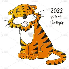 2022年的象征。插图与老虎在手画风格。新2022年。老虎坐