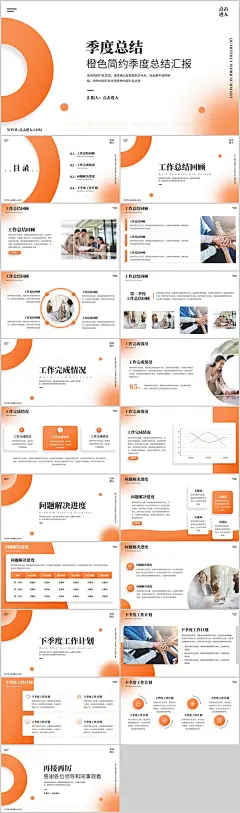 橙色渐变简约风季度总结PPT模板-源文件分享-ywjfx.cn