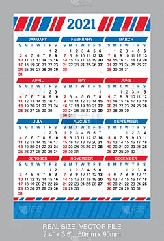 Pocket Calendar 2021, vector, start on Sunday