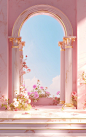 a pink room with some flowers and columns on it, in the style of realistic usage of light and color, bryce 3d, poetic pastoral scenes, fairycore, marble, cute and colorful, ornate simplicity