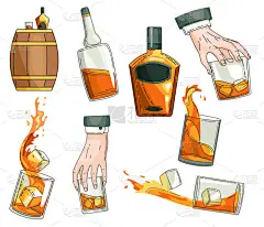 向量威士忌符号集合。玻璃瓶,人手拿着装有冰块的苏格兰杯,木制酒桶图标收藏.酒类产品广告设计