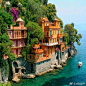 【意大利最著名的美丽海港，Portofino波托菲诺】海，帆，绿树，巨石，橙木船，鲜艳花朵，海边山崖中小bar，美得无话可说。亲们晚安 据 风景精选 ​​​​