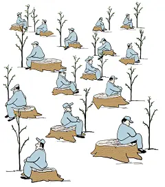 落实到人 被砍伐的树桩旁又栽上了小树，为了确保小树成活，每棵小树配备一名养护人，看似用心，实则是极大的浪费。由此联想到现实生活和工作中，为了不担责，不惜浪费大量的人力物力，搞形式，造声势。做事情细致入微无可厚非，但是不可层层加码。这件作品刊发后引发公众对于官场不良风气的广泛关注。形式主义过分关注事物的表面现象，不讲究做事的实际效果，不仅是工作作风问题，也严重影响了某些干部在群众中的形象。
