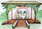 #成都婚礼手绘# 绿色植物的簇拥，粉色花团的妆点，纱幔随风轻轻摆动，迎来一场春意盎然的精致欧式户外婚礼。（婚礼舞台）#婚礼手绘#