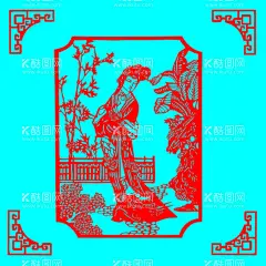 仕女剪纸  - 源文件下载【酷图网】剪纸,线条,矢量,传统,装饰,窗花,插画,仕女,人物,女子,植物,竹子,