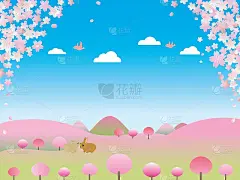 插图的风景春天的村庄森林里的樱花盛开。