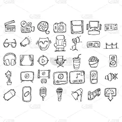 电影涂鸦矢量图标集。手绘素描插图eps10