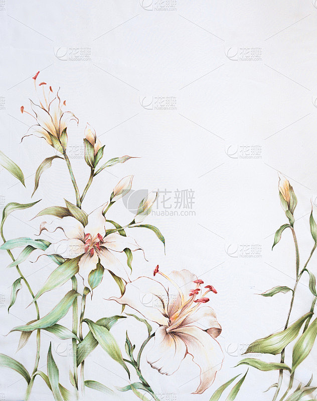 蝴蝶和花朵图案手绘在丝绸上