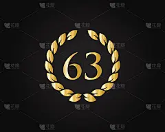 63周年纪念标志模板。63周年纪念标志与金戒指孤立在黑色背景，为生日，周年和公司庆祝