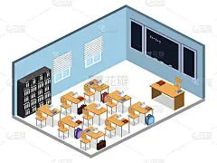等距三维矢量插图与学生在学校室内课堂