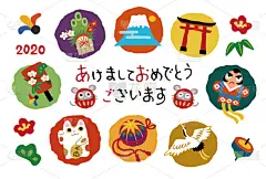 鼠年,鼠,新年卡,运气,组物体,新年前夕,招财猫,富士山,鸟居