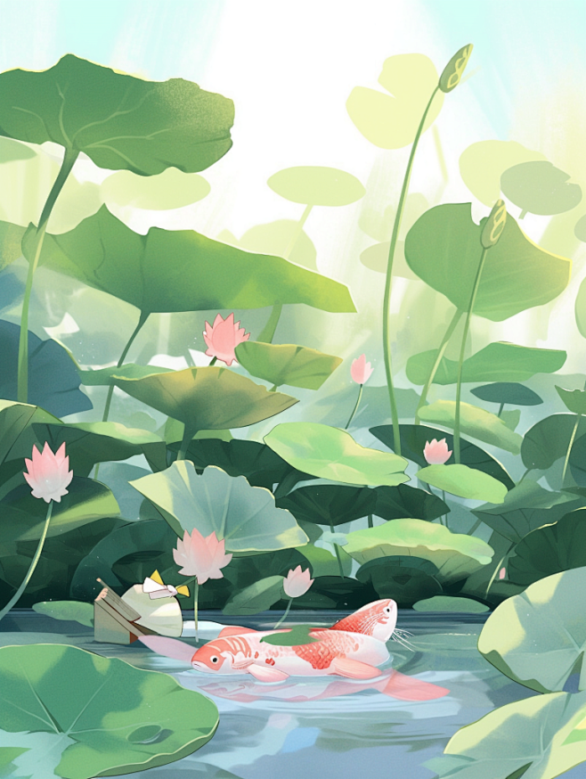 设图手绘夏日夏天国风荷花插画夏季插画