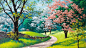 ID-941543-高清晰手绘春天树木路草油画壁纸高清大图