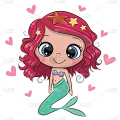 卡通,美人鱼,粉色头发,白色背景,请柬,贺卡,背景分离,女婴,公主,仅儿童