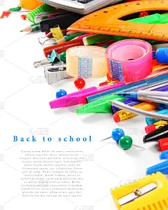 白色背景上的学校工具和附件。