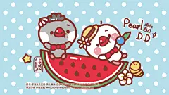 花园夜原创【喵咕酱和白旦旦】PEARL DD 电脑壁纸。授权：{微博@夜谜飒} Q版/水果/萌物/手绘/西瓜/波点/宠物/可爱/背景/日系卡通/简笔画素材