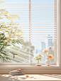 An empty window with plants and blinds, in the style of light white and white, streamline elegance, jazzy interiors, japanese minimalism, bright and bold color palette, ethereal trees, light and airy