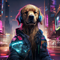 golden retriever in cyberpunk world