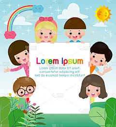 快乐的孩子，回到学校，广告宣传册模板。准备好听你的留言了吗，有趣的卡通小孩。矢量图