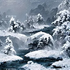 山水风雪插画  - 源文件下载【酷图网】山水风,雪景,插画,唯美,山水风雪图,