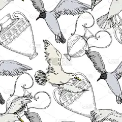 野生鸟类海鸥。黑白雕刻水墨艺术。无缝背景模式.