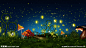 星空夜景蘑菇萤火虫梦境卡通素材