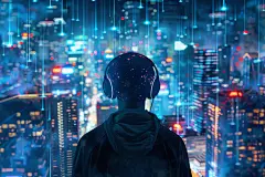 听音乐的青春青年仰望城市
