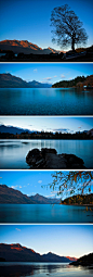 瓦卡提波湖的清晨 | 静谧的清晨，谜一样湛蓝的天空。瓦卡提波湖是新西兰最长的湖泊，是高山融雪流入所形成的冰川堰塞湖，水质非常乾净晶透，湖的周围树木林立，如诗如画般美丽。瓦卡提波湖辽阔的视野带出远方层迭的山影，湖面波澜微兴，湖水呈现碧蓝色，有如一块躺在群山之中的翡翠，当地原住民毛利人称之为“翡翠湖”。