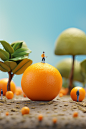 微缩景观创意摄影小人水果柑橘劳作摄影图
