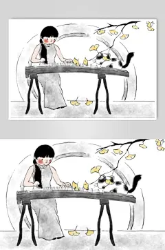 古筝手绘卡通扁平插画