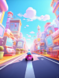 a short video showing an animated city with cartoon characters riding the street, in the style of soft edges and blurred details, kawaii art, blown-off-roof perspective, rtx, bright colors, bold shapes, photorealistic rendering, light magenta and sky-blue