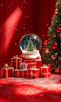 Product photography, commercial shooting style, photo of a snow globe with "sun-kissed" resolution, various gift boxes and balloons placed on the red carpet in front of it, a Christmas tree decoration next to them, a festive atmosphere, warm col