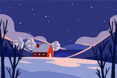 扁平卡通冬季冬日夜晚小镇雪景北极熊风景插画海报ai矢量设计素材-淘宝网