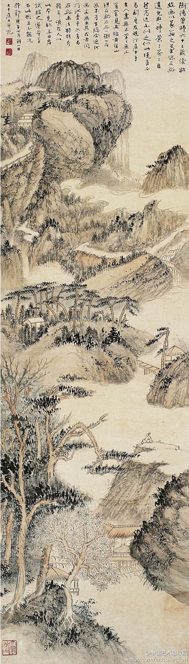 山水画#【 张大千《仿石溪山水》 】立轴，纸本设色，140.5×40cm，1930