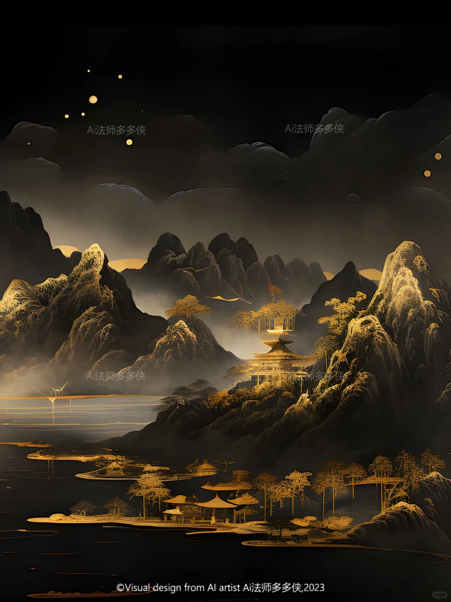 东方美学-鎏金山水|国风山水风景插画-花瓣网