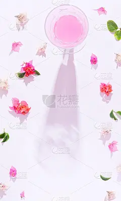 粉红色背景上有鲜花的香槟高脚杯。女性气质和温柔的概念。