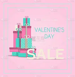 情人节贺卡与爱心的祝福。平面矢量插图销售，网上商店，节日送货。粉红色、红色和蓝色的邀请传单。图片与一