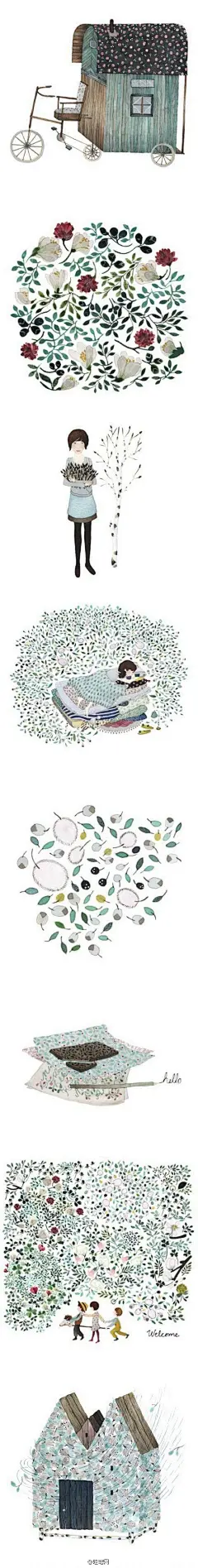 芬兰插画家Anna Emilia，出生于1983年，童年居住在芬兰一个有草莓园地、湖泊和松树林的小镇，在那里，她和哥哥、小伙伴们一起用树枝盖木屋，从磁带中听故事，画画，剪纸，粘纸。在夏天里，用野蓟花当做画笔。