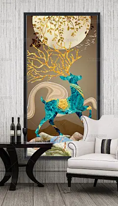欧美现代手绘梦幻抽象森林麋鹿玄关壁画装饰画